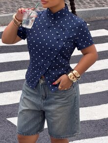 Muchica Navy Blue Polka Dot Print Double-Breasted Plus Size Shirt Fall - Navy Blue - View 3