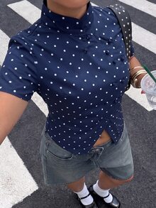 Muchica Navy Blue Polka Dot Print Double-Breasted Plus Size Shirt Fall - Navy Blue - View 4