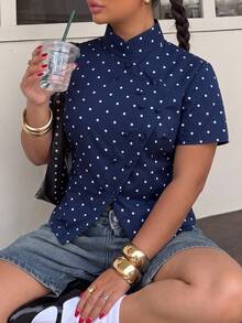 Muchica Navy Blue Polka Dot Print Double-Breasted Plus Size Shirt Fall - Navy Blue - View 5