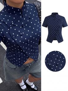Muchica Navy Blue Polka Dot Print Double-Breasted Plus Size Shirt Fall - Navy Blue - View 1