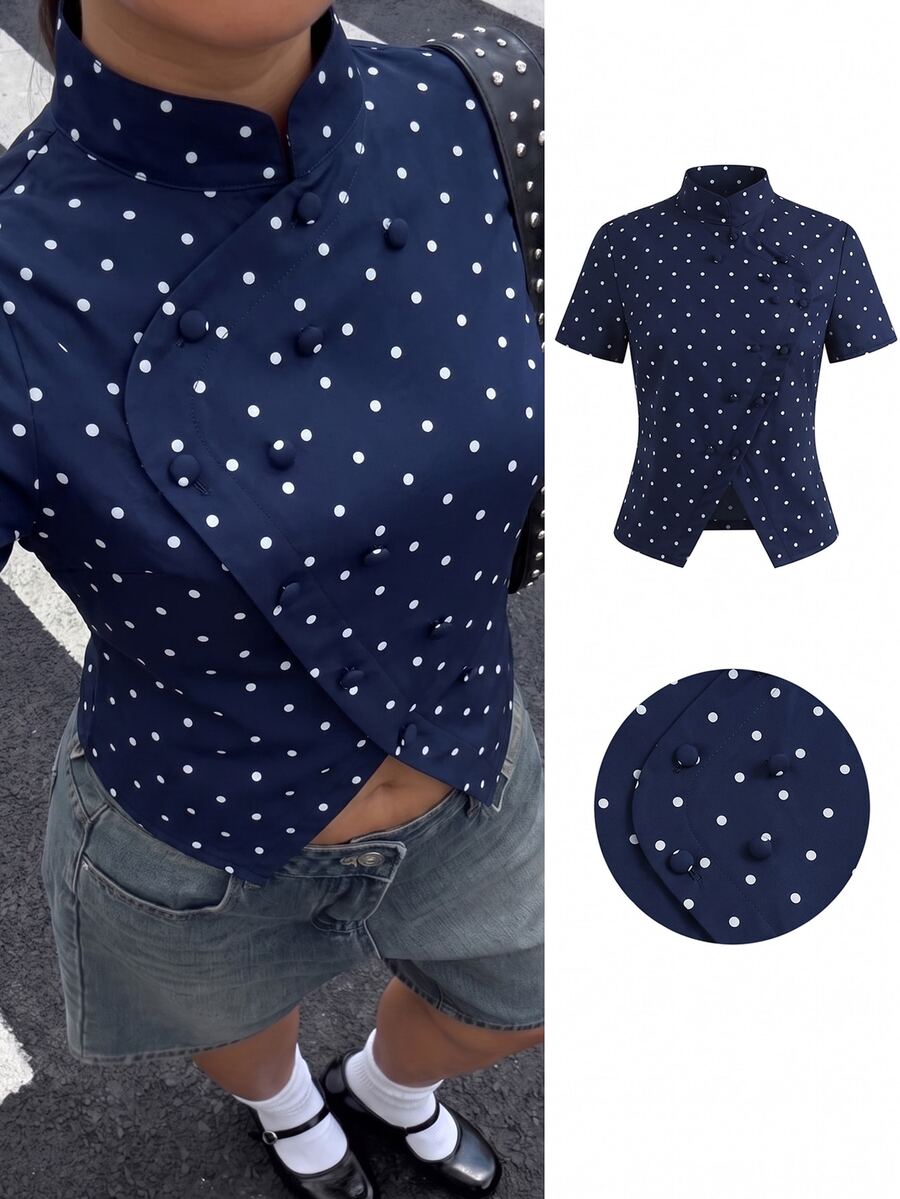 Muchica Navy Blue Polka Dot Print Double-Breasted Plus Size Shirt Fall - Navy Blue - View 1