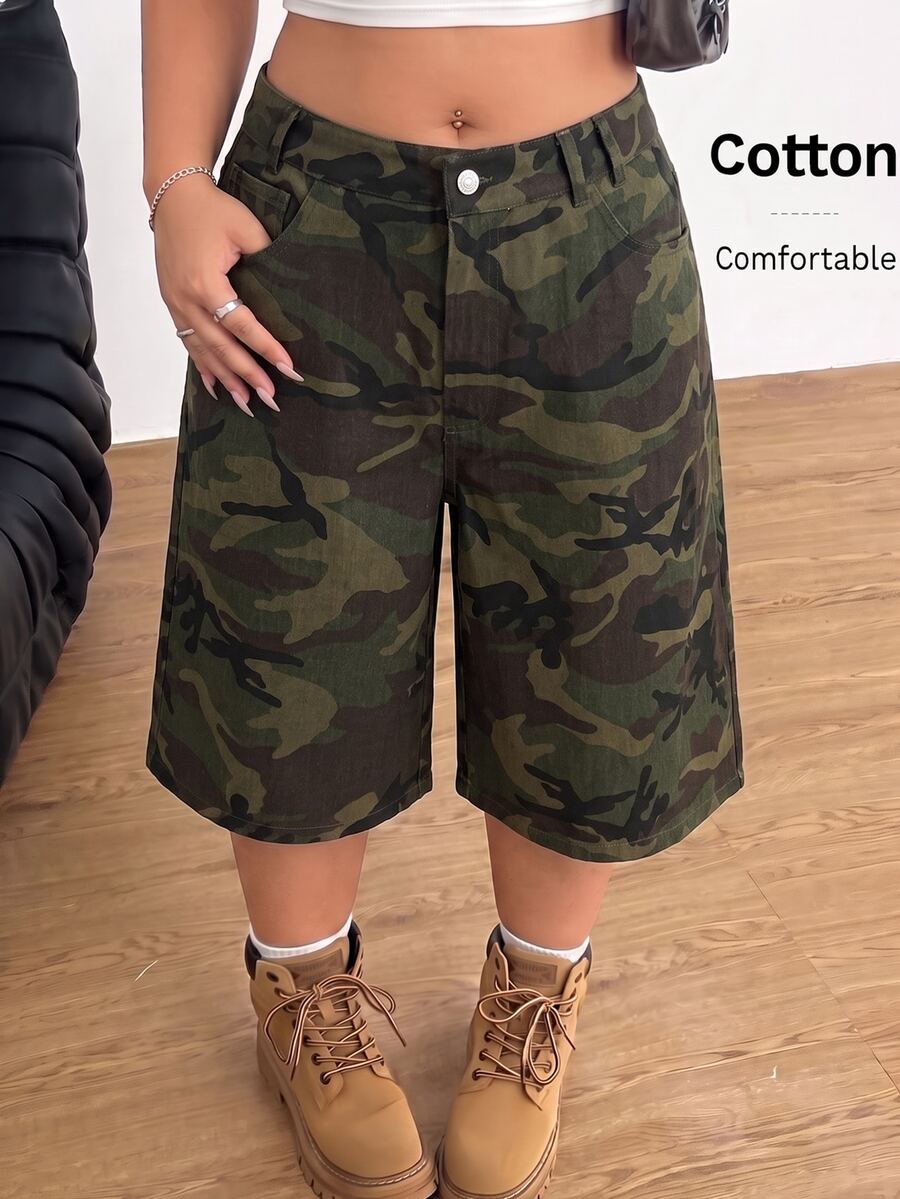 Muchica Plus Size Summer Casual Camouflage Print Shorts - Multicolor - View 1