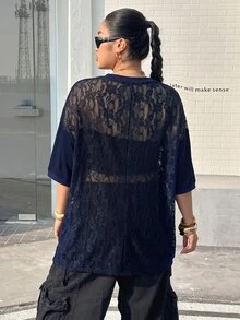 Muchica 大尺碼女款 V 領蕾絲拼接休閒街頭風運動百搭日常穿著 T 恤 晚裝度假海軍藍夏季 - 藏蓝色 - 查看 2