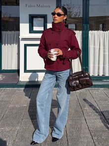 Muchica Autumn Casual Burgundy Double-Breasted Jacket - Burgundy - View 3