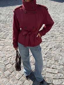 Muchica Autumn Casual Burgundy Double-Breasted Jacket - Burgundy - View 4
