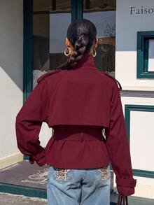 Muchica Autumn Casual Burgundy Double-Breasted Jacket - Burgundy - View 2