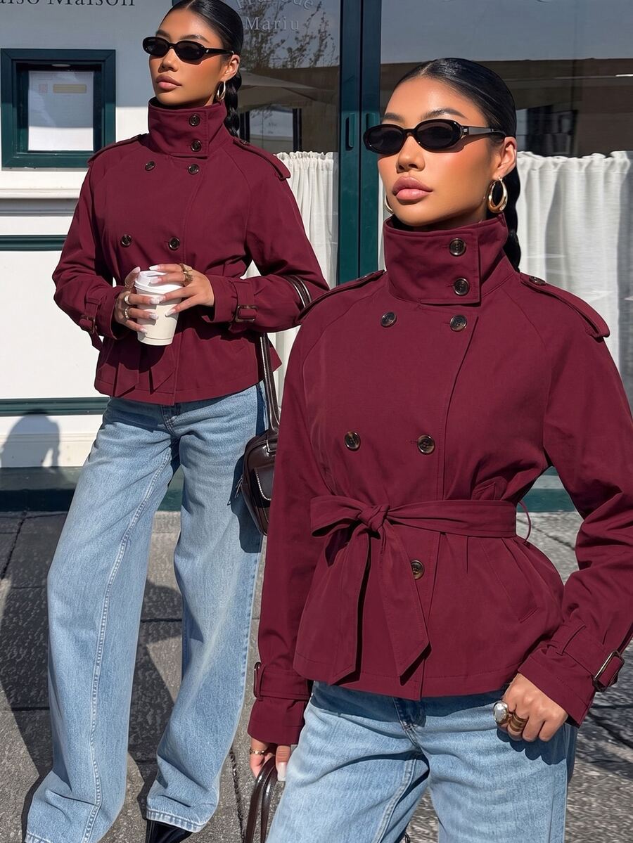 Muchica Autumn Casual Burgundy Double-Breasted Jacket - Burgundy - View 1