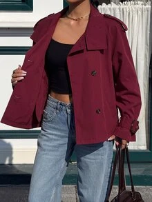 Muchica Autumn Casual Burgundy Double-Breasted Jacket - Burgundy - View 6