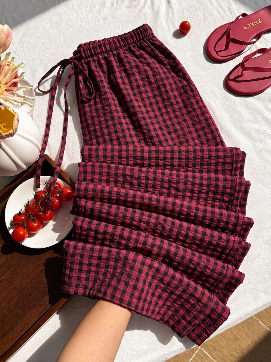 Comfortcana 大尺碼女款秋季腰部綁帶格紋寬鬆長褲 正式沙灘度假風 紅黑配色 休閒 70s 80s 90s 秋季 - 酒紅色 - 查看 1