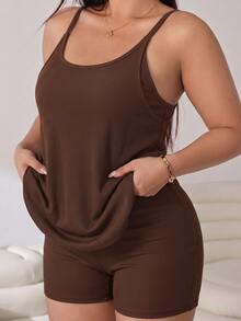 Solflare Plus Size Solid Color Dual Pocket Cami Dress - Chocolate Brown - View 8