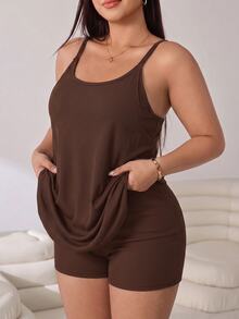 Solflare Plus Size Solid Color Dual Pocket Cami Dress - Chocolate Brown - View 6