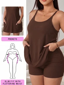 Solflare Plus Size Solid Color Dual Pocket Cami Dress - Chocolate Brown - View 1