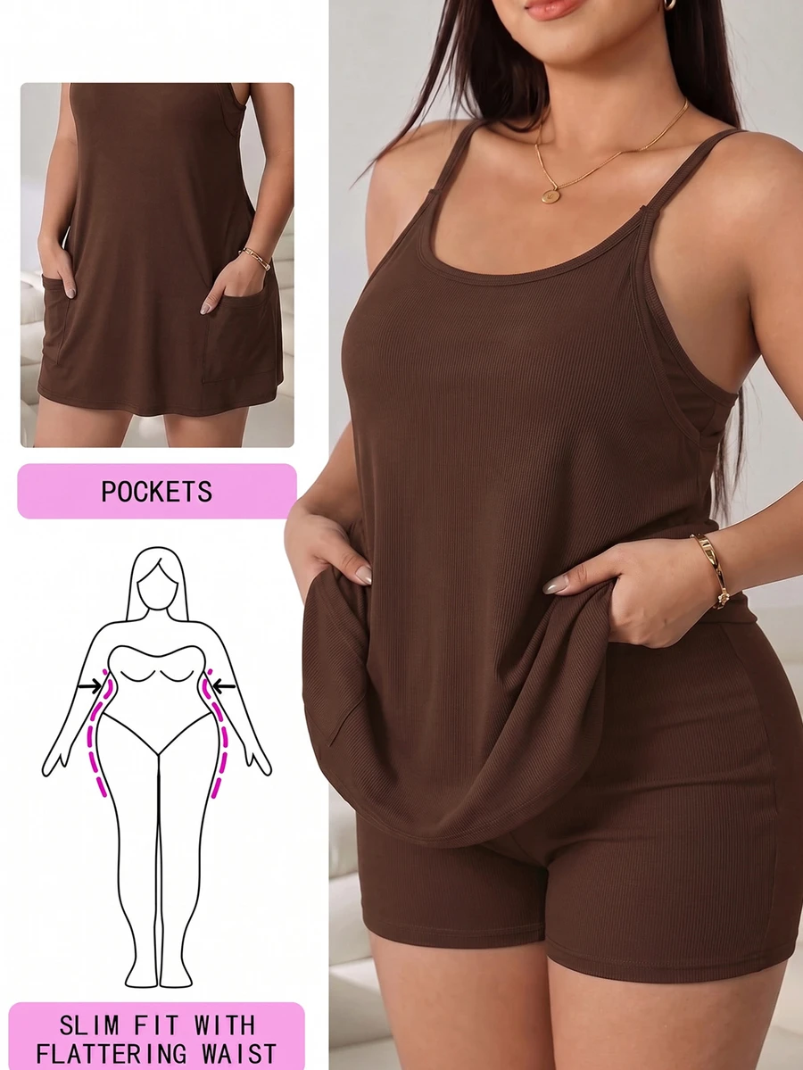 Solflare Plus Size Solid Color Dual Pocket Cami Dress - Chocolate Brown - View 1