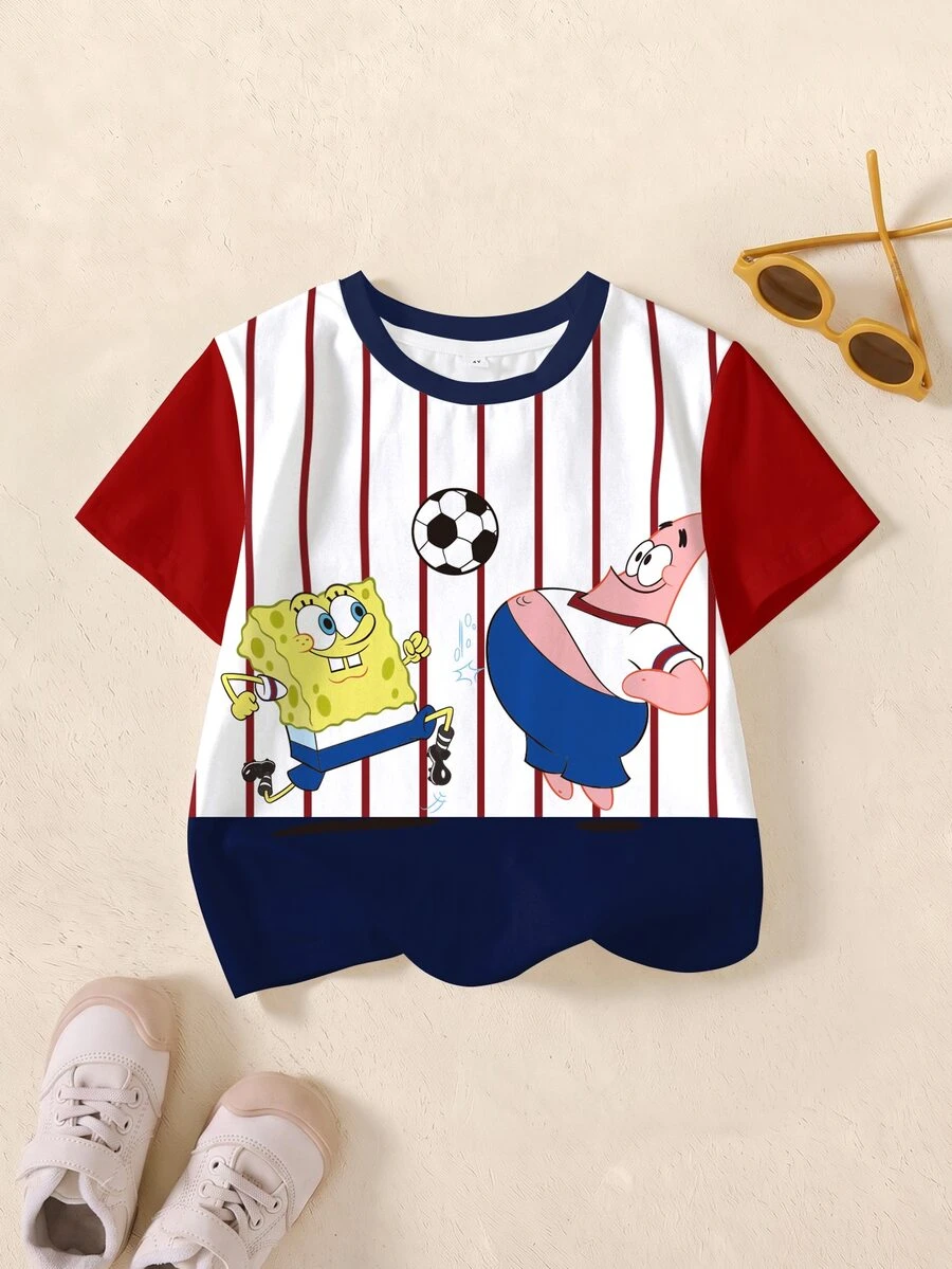 SpongeBob SquarePants | SHEIN Young Boy Striped Football Print Crew Neck Short Sleeve Casual T-Shirt - White - View 1