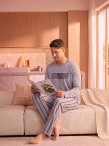 Manfinity Underwear&Sleepwear Basics 男士字母印花長袖上衣與長褲居家休閒套裝 - 淺灰色 - 查看 4