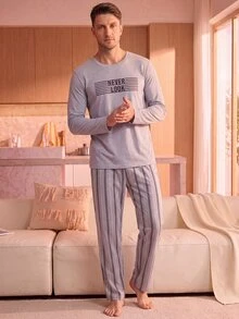 Manfinity Underwear&Sleepwear Basics 男士字母印花長袖上衣與長褲居家休閒套裝 - 淺灰色 - 查看 5