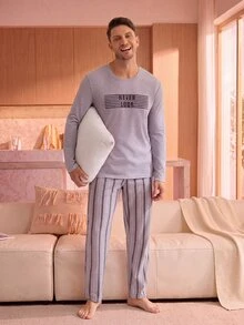 Manfinity Underwear&Sleepwear Basics 男士字母印花長袖上衣與長褲居家休閒套裝 - 淺灰色 - 查看 3
