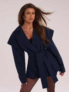 SHEIN BAE 女款秋季時尚通勤繫帶風衣 - 藏蓝色 - 查看 4