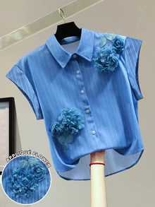 Franclia 女士休闲3D立体花卉条纹短袖衬衫，适合通勤和日常穿着，春夏款 - 彩色 - 查看 2