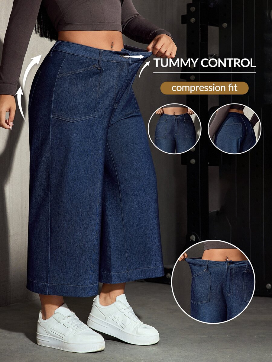 Flexra Festival Plus Size Y2K Casual Decent Denim Women's Autumn Navy Blue Stretch Slim Fit Cropped Pants Formal Fashion Week