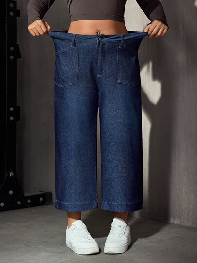 Flexra Festival Plus Size Y2K Casual Decent Denim Women's Autumn Navy Blue Stretch Slim Fit Cropped Pants Formal Fashion Week