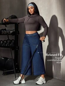 Flexra Festival Plus Size Y2K Casual Decent Denim Women's Autumn Navy Blue Stretch Slim Fit Cropped Pants Formal Fashion Week - Dark Wash - View 7