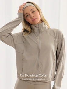 GLOWMODE Sweat-Wicking Quick-Dry Take A Stand Collar Sport Long Sleeve Jacket With Hidden Pockets Thumbholes Daily Casual - Khaki - View 4