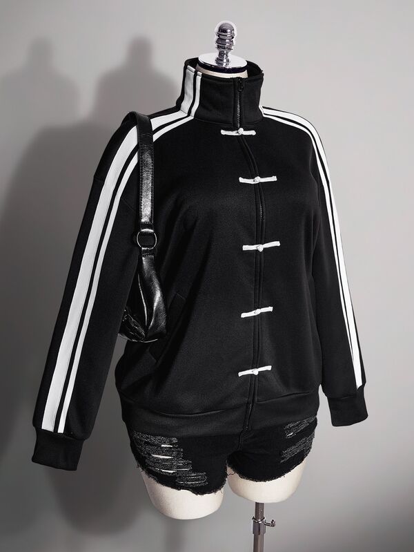 SHEIN ICON Plus Size Women's New Chinese Style Frog Button Decor Sporty Sweatshirt Jacket