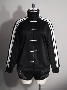 SHEIN ICON Plus Size Women's New Chinese Style Frog Button Decor Sporty Sweatshirt Jacket - Black and White - View 5