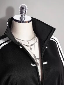 SHEIN ICON Plus Size Women's New Chinese Style Frog Button Decor Sporty Sweatshirt Jacket - Black and White - View 12