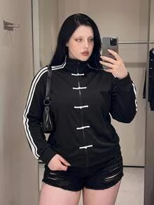 SHEIN ICON Plus Size Women's New Chinese Style Frog Button Decor Sporty Sweatshirt Jacket - Black and White - View 1