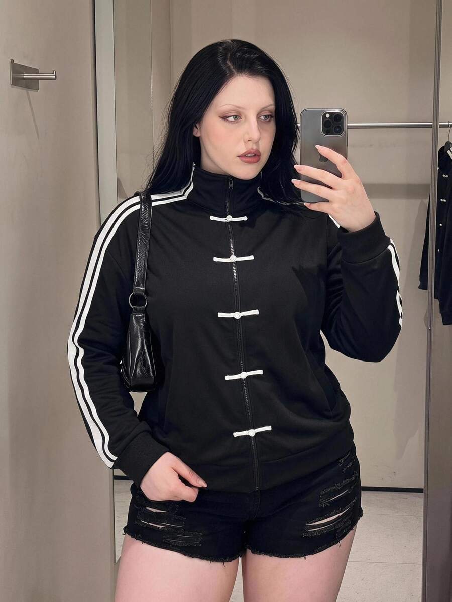 SHEIN ICON Plus Size Women's New Chinese Style Frog Button Decor Sporty Sweatshirt Jacket - Black and White - View 1