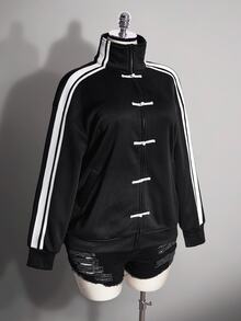 SHEIN ICON Plus Size Women's New Chinese Style Frog Button Decor Sporty Sweatshirt Jacket - Black and White - View 7