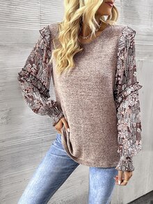 SHEIN Women Crew Neck Long Sleeve Floral Print Patchwork Casual Blouse Fall Cloth For Women - Coffee Brown - View 7