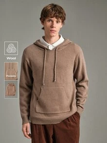 Calmiston Men's Wool Blend Crew Neck Knit Sweater Solid Color Casual Streetwear Soft Long Sleeve Pocket Drawstring Hooded Autumn Winter Vacation Mocha Brown - Khaki - View 1