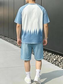 青少年男孩休閒極簡短袖漸層印花度假圓領T恤與短褲套裝，2件套，適合秋季返校 - 彩色 - 查看 2