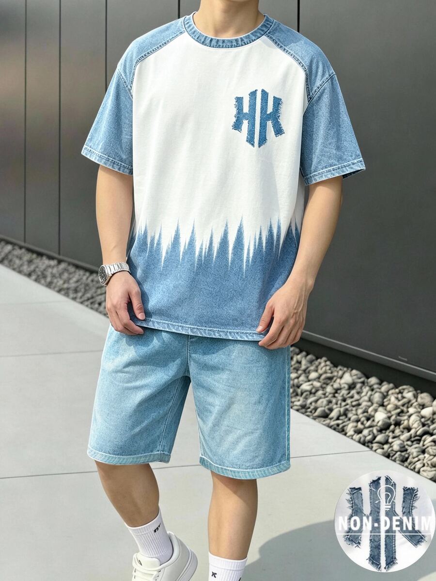 Teen Boy Casual Minimalist Short Sleeve Gradient Print Vacation Crew Neck T-Shirt And Shorts Set, 2 Pieces Outfit Suitable For Autumn Back To School