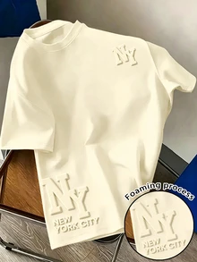 Resyla 男士泡泡印花T恤 - 紐約市風格，舒適，圓領，時尚面料，吸睛泡泡設計，夏季T恤，適合戶外活動，完美適配日常穿著或城市活動 - 卡其色 - 查看 1