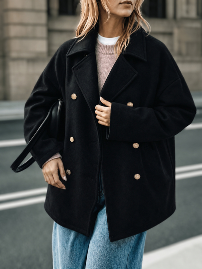 SHEIN LUNE CURVE Plus Size Elegant Casual Solid Color Square Neck Long Sleeve Gold Button Women's Jacket, Autumn/Winter Women's Clothing, Suitable For Commuting, Outings, Gatherings, Autumn Outfits, Office, Travel And Other Occasions.