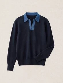 Calmiston Old Money 男士羊毛混紡海軍藍 Polo 領針織毛衣,拼接對比色長袖休閒套頭衫,適合秋冬辦公工作 - 藍色 - 查看 10