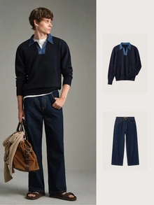 Calmiston Old Money 男士羊毛混紡海軍藍 Polo 領針織毛衣,拼接對比色長袖休閒套頭衫,適合秋冬辦公工作 - 藍色 - 查看 8