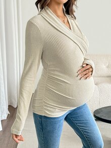 SHEIN Kaos Hamil Menyusui Warna Polos Bergaris Lengan Panjang dengan Detail Kerut, Pas Badan, Cocok untuk Musim Gugur, Kerja, Pulang ke Rumah, Pakaian Formal, Santai, Kasual, dan Longgar. - Aprikot - View 5