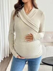 SHEIN Kaos Hamil Menyusui Warna Polos Bergaris Lengan Panjang dengan Detail Kerut, Pas Badan, Cocok untuk Musim Gugur, Kerja, Pulang ke Rumah, Pakaian Formal, Santai, Kasual, dan Longgar. - Aprikot - View 4
