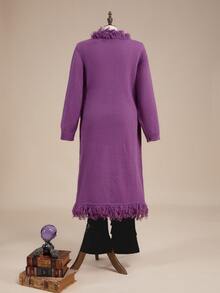 ROMWE Fairycore Plus Size Women's Purple Tassel Knit Cardigan Jacket, Autumn/Winter - Purple - View 2