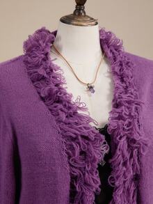 ROMWE Fairycore Plus Size Women's Purple Tassel Knit Cardigan Jacket, Autumn/Winter - Purple - View 4