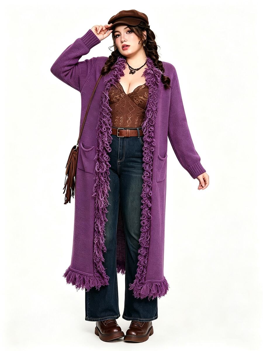 ROMWE Fairycore Plus Size Women's Purple Tassel Knit Cardigan Jacket, Autumn/Winter - Purple - View 1