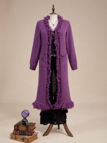 ROMWE Fairycore Plus Size Women's Purple Tassel Knit Cardigan Jacket, Autumn/Winter - Purple - View 5