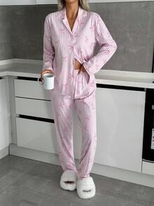 EURMUSE Women's 2 Pcs Pink And White Striped Pajama Set Autumn Cute Casual Button Front Homewear With Bows Pattern Two Pieces Sleeping Button Up Sleep Home - Pink - View 5