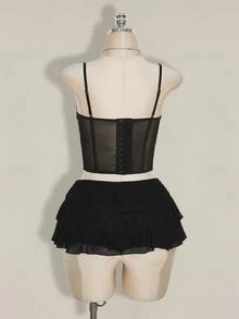 SHEIN ICON Women's Black Club Lace Patchwork Bodycon Solid Color Asymmetric Hem Camisole,Tank Top,Black Top - Black - View 2