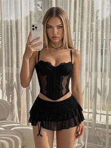 SHEIN ICON Women's Black Club Lace Patchwork Bodycon Solid Color Asymmetric Hem Camisole,Tank Top,Black Top - Black - View 1